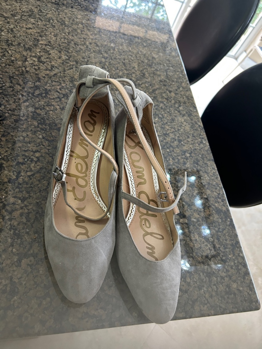 Sam Edelman Light Grey Suede Ankle-Strap Flats